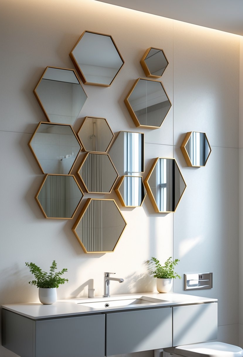 v2 11oa78 mgv19 A modern bathroom with multiple hexagonal mirrors arranged on the wall above a vanity with plants and chrome fixtures.