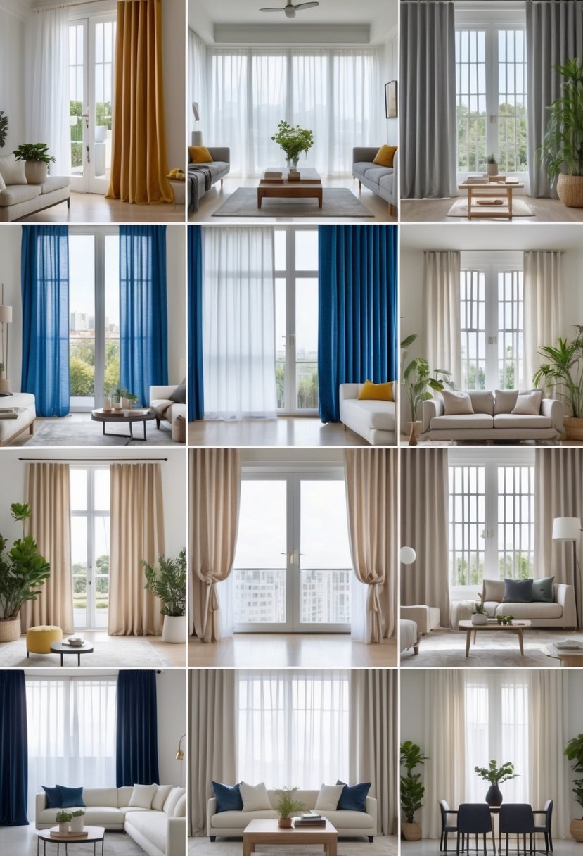 v2 11oadu jy3nm A living room displaying fourteen different curtain styles on large windows with furniture and plants visible.