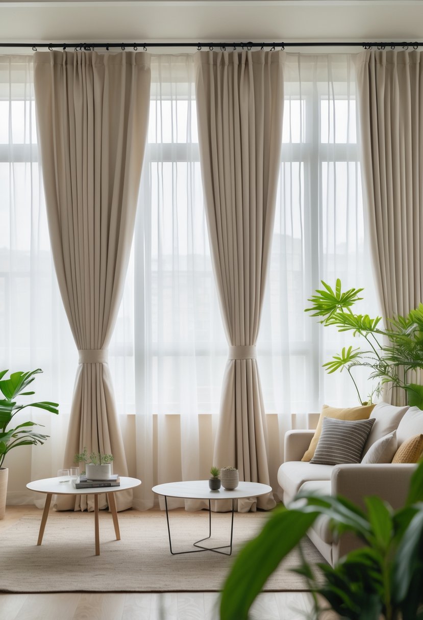 v2 11oaeq pm517 Living room with large windows covered by blackout curtains, a sofa, coffee table, and indoor plants.