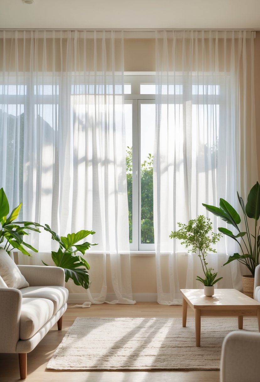v2 11oaf5 qc409 A living room with large windows covered by sheer white curtains softly filtering sunlight, featuring a sofa, coffee table, and indoor plants.