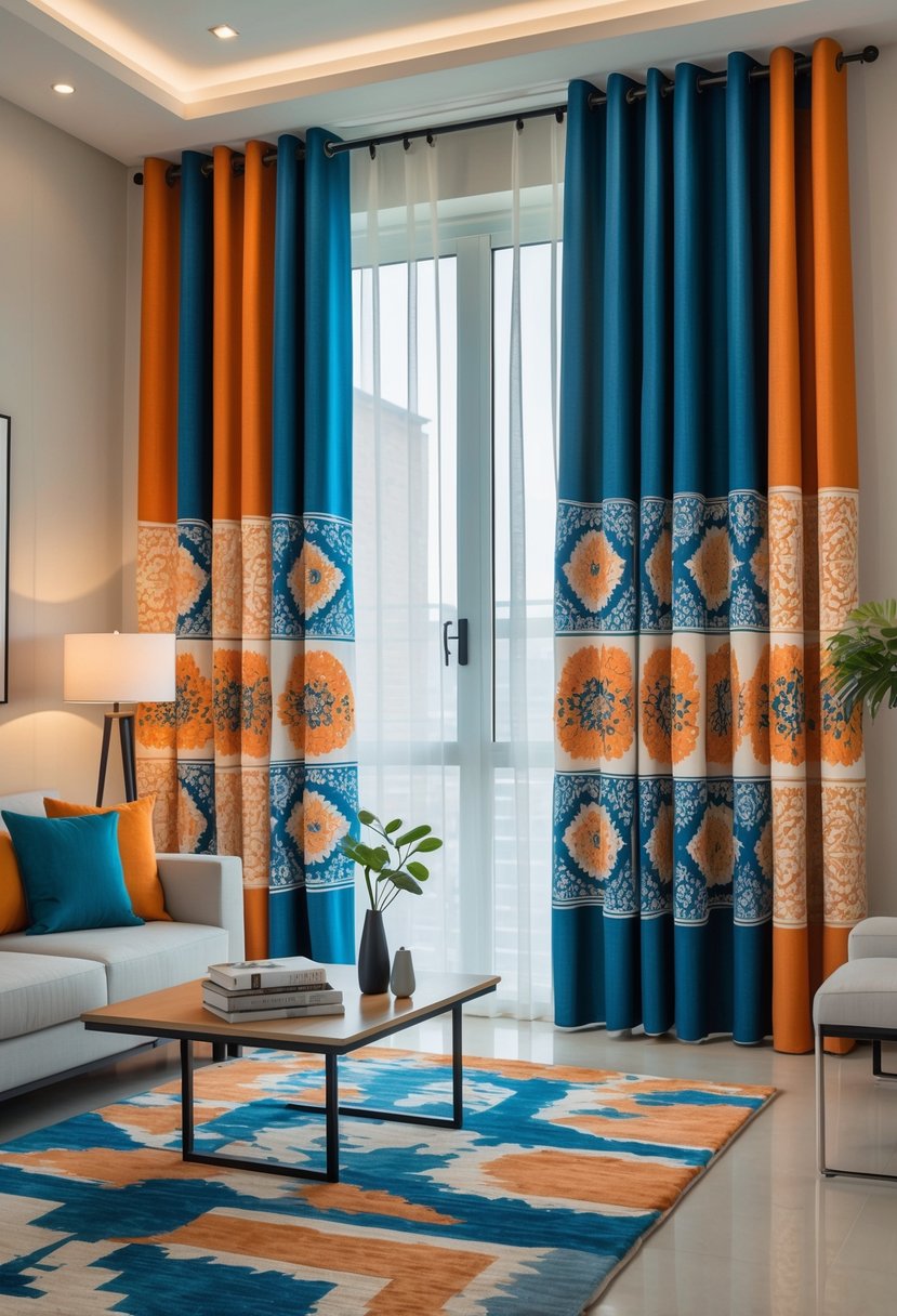 v2 11oafz gp84f A living room with large windows dressed with bold patterned curtains and a sofa with matching cushions.