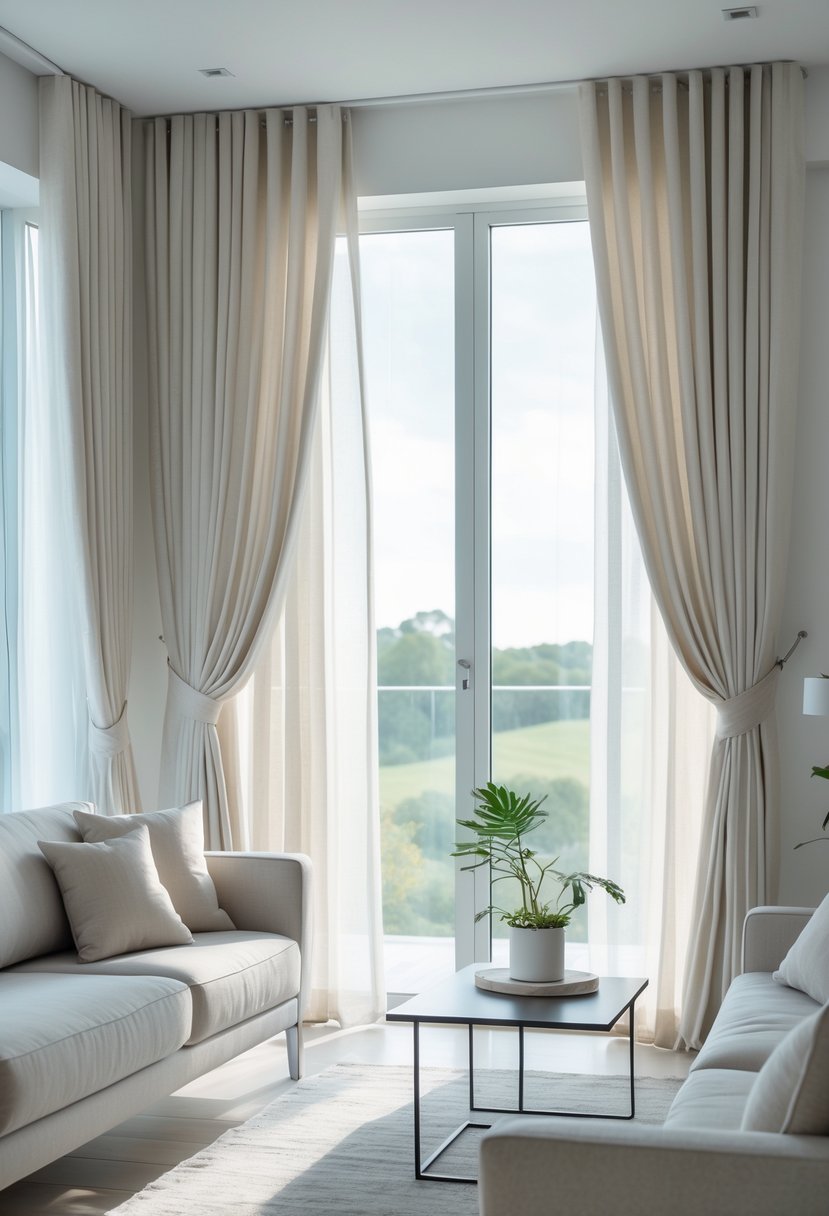 v2 11oagf y2t1r Living room with large windows covered by neutral-toned curtains, a sofa, coffee table, and natural light coming through.