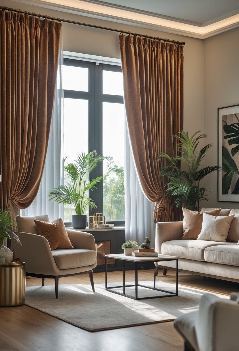 v2 11oagu Living room with large windows framed by rich velvet curtains, a sofa, coffee table, and decorative plants.