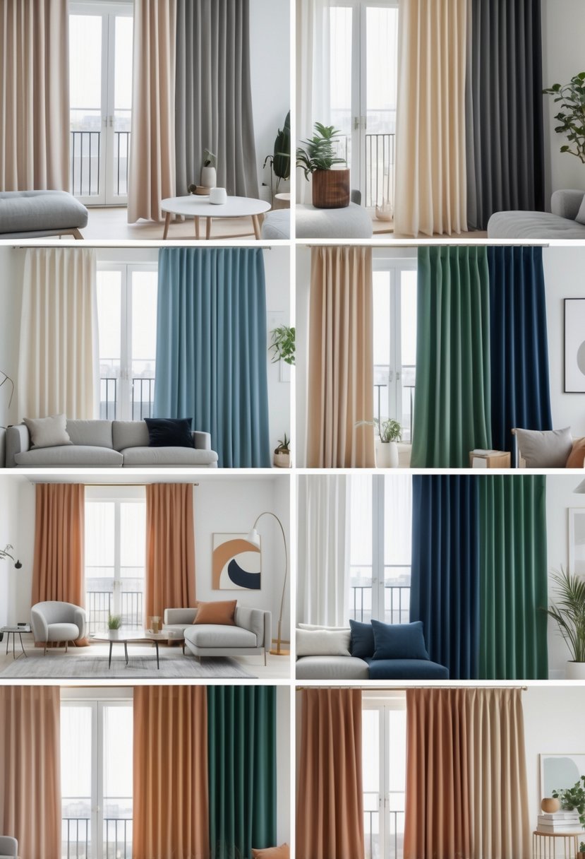 v2 11oahs nt15l A living room with multiple windows displaying different sets of solid color curtains hung on rods, with furniture and plants visible in the background.