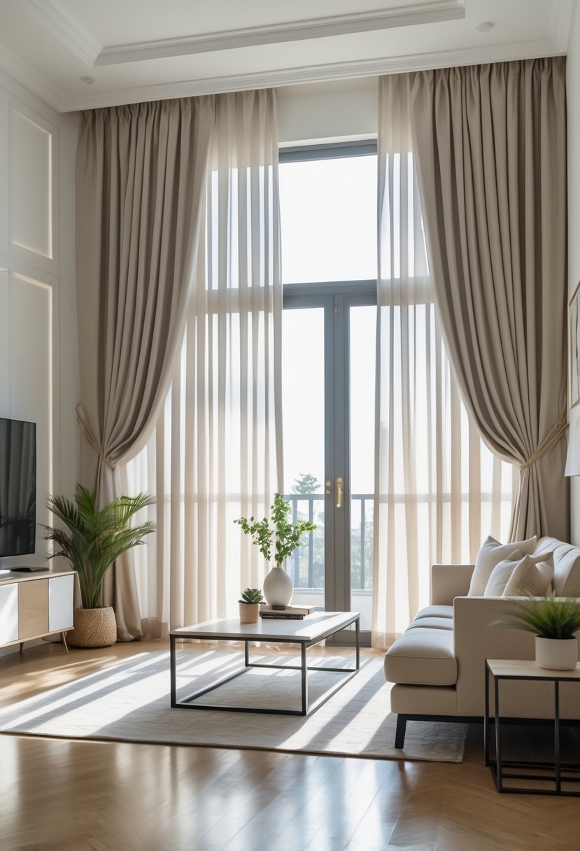 v2 11oaio 4roty A bright living room with large windows covered by floor-length curtains, a sofa, coffee table, and decorative plants.