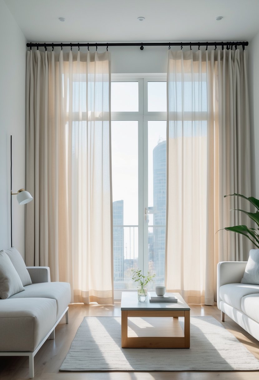 v2 11oaj8 ay4cd Living room with large windows and light-colored tab-top curtains hanging from a curtain rod, with a sofa and coffee table nearby.