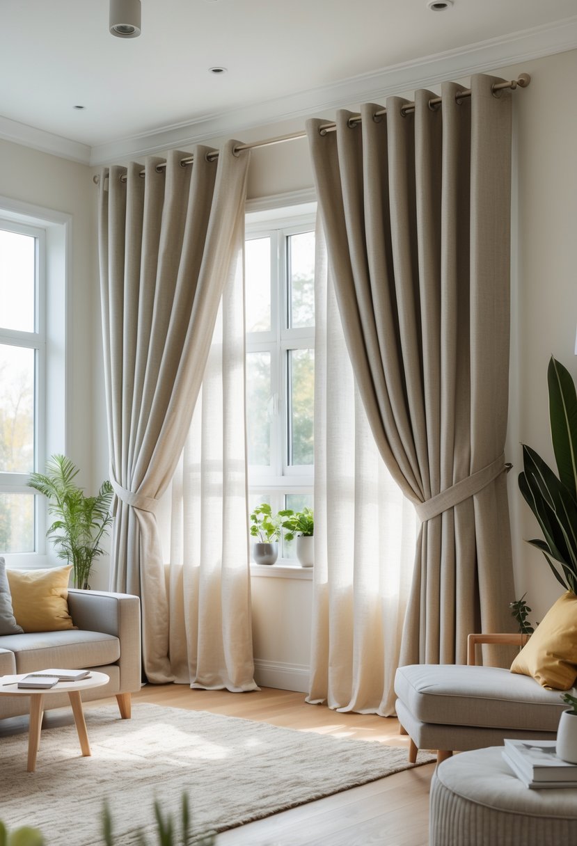 v2 11oak5 0kje6 Living room with large windows covered by thick thermal curtains, comfortable seating, and decorative plants.