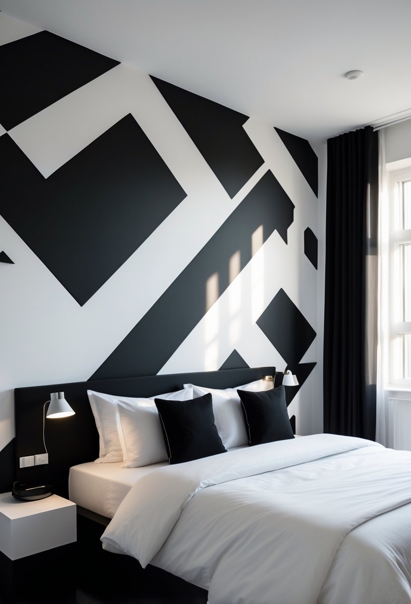 v2 11oaxt wvlce A bedroom with a black and white geometric patterned accent wall, a neatly made bed, and minimalist furniture.