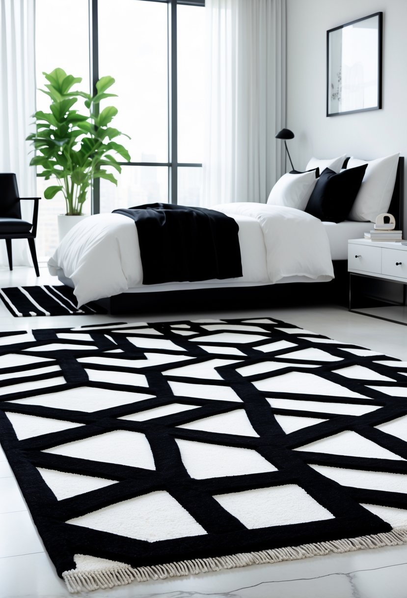 v2 11oaz2 4grw1 A bedroom with a black and white patterned area rug on the floor, a bed with white linens, and black and white furniture.