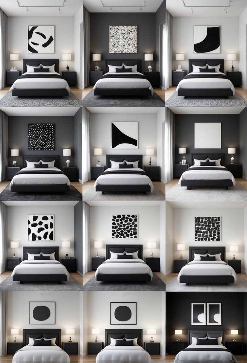 v2 11ob0b hg8im A modern bedroom with multiple black and white abstract artworks on the walls and matching black and white furniture and bedding.