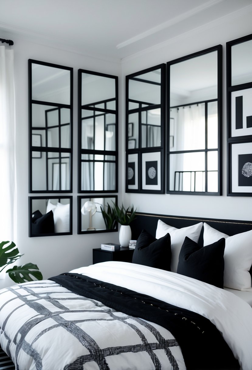 v2 11ob0s qmizr A bedroom with black framed mirrors on the walls, black and white bedding, and modern furniture in a monochromatic color scheme.