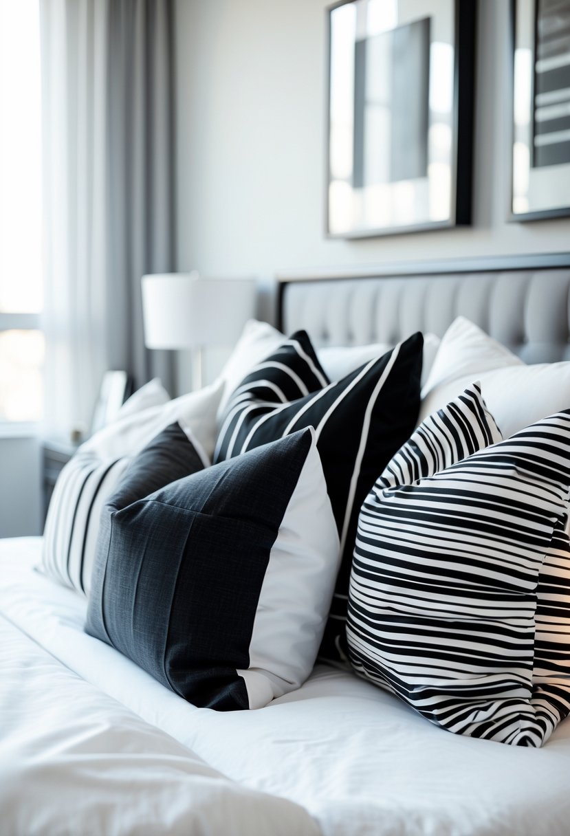 v2 11ob17 dz9h8 A bedroom with a bed decorated with multiple black and white throw pillows arranged in layers.