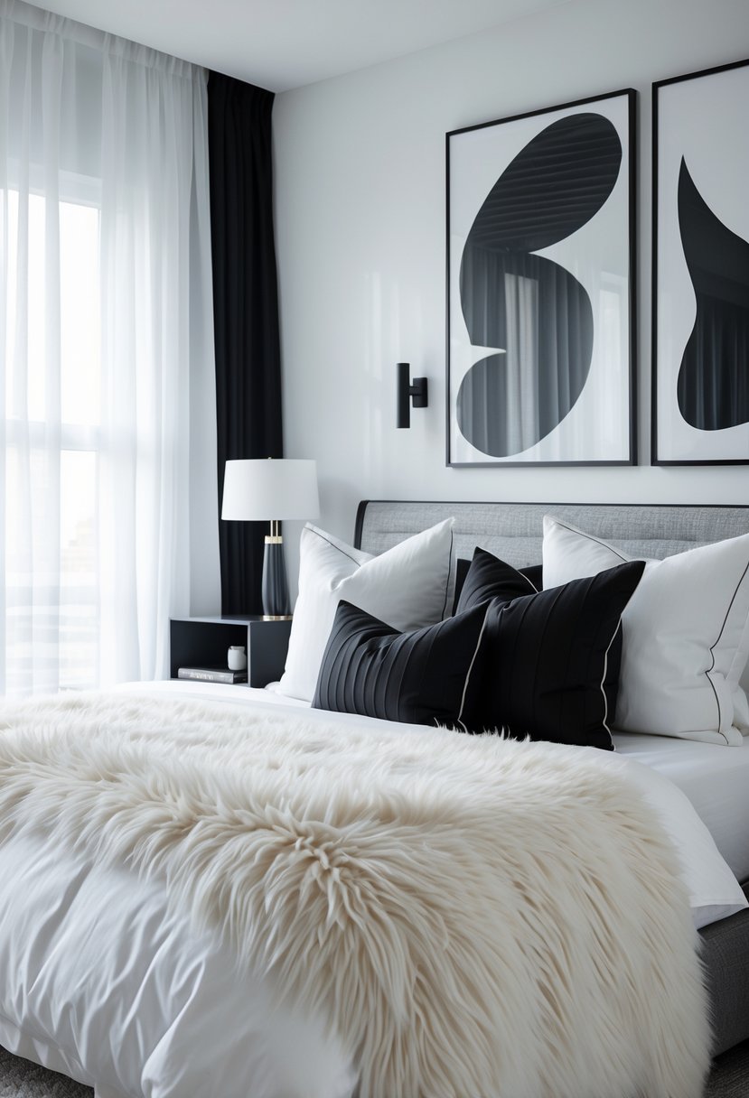 v2 11ob1k s3e3s A bedroom with a bed covered by a textured white faux fur throw and black and white pillows, with monochrome decor and soft natural light.