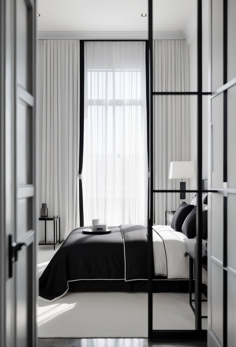 v2 11ob2t 0d8nd A bedroom with white curtains trimmed in black, a bed with black and white bedding, and black furniture in a softly lit room.