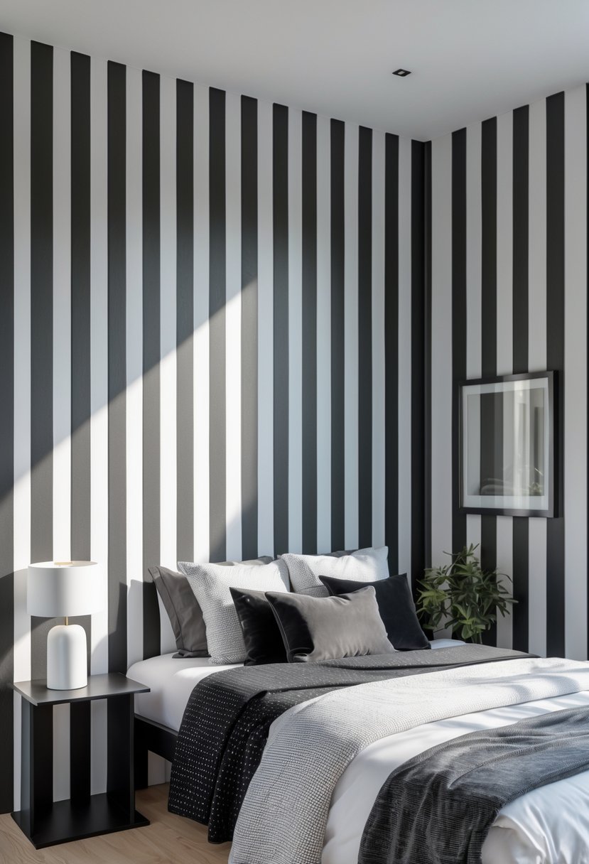 v2 11ob3k qmrf4 A bedroom with black and white striped wallpaper, a bed, bedside table, lamp, and natural light coming through a window.
