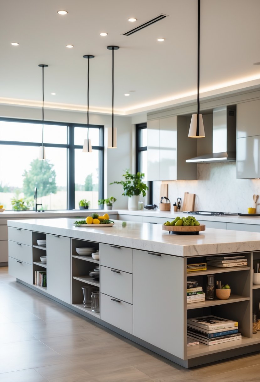 v2 11obc7 8gwjk A large modern kitchen with multiple spacious islands featuring built-in storage drawers and cabinets, bright natural lighting, and modern appliances.