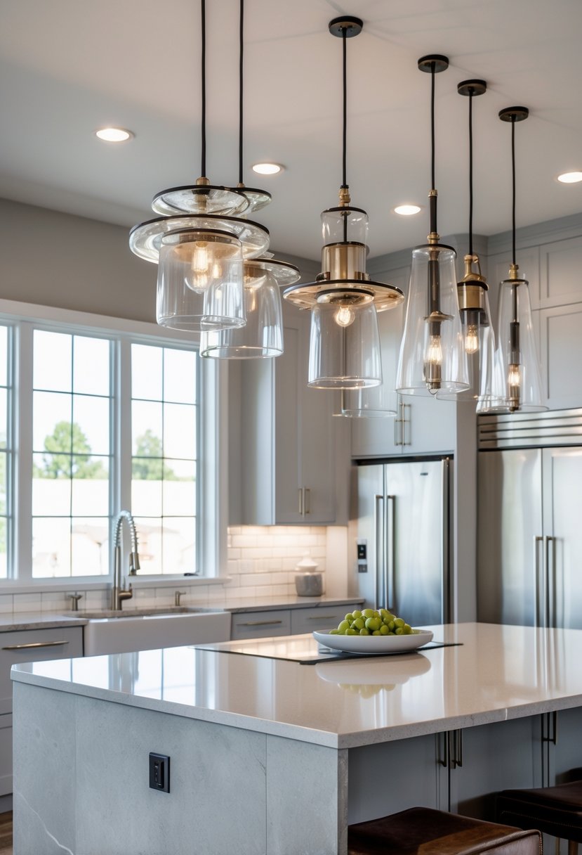 v2 11obcz pnlue A kitchen island with pendant lights hanging above it, surrounded by cabinetry and appliances.