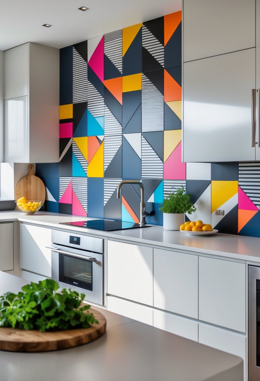 v2 11obe6 bh1fm A modern kitchen with a colorful geometric patterned backsplash, sleek cabinets, and stainless steel appliances.