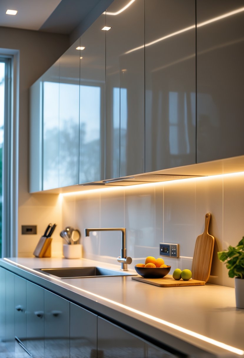 v2 11obek u61mp A modern kitchen with under-cabinet LED strip lights illuminating the countertop and backsplash.