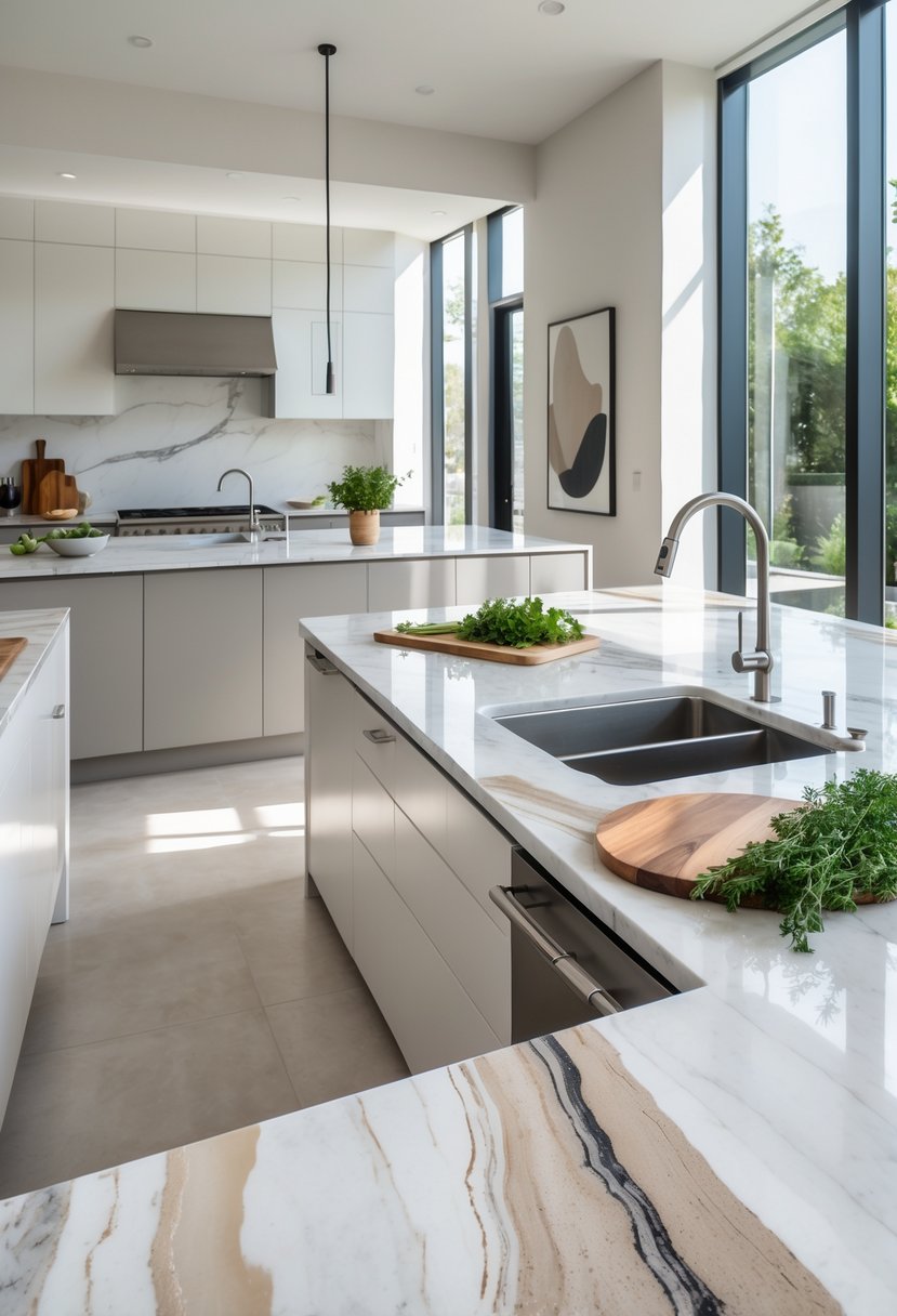 v2 11obfi kvgbt A modern kitchen with quartz and marble countertops, stainless steel appliances, and natural light coming through large windows.