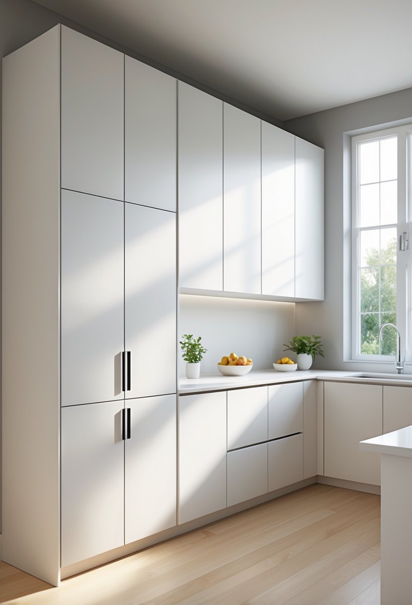 v2 11obh2 hobgj A modern kitchen with tall floor-to-ceiling pantry cabinets along one wall and a clean countertop with a plant and fruit bowl.