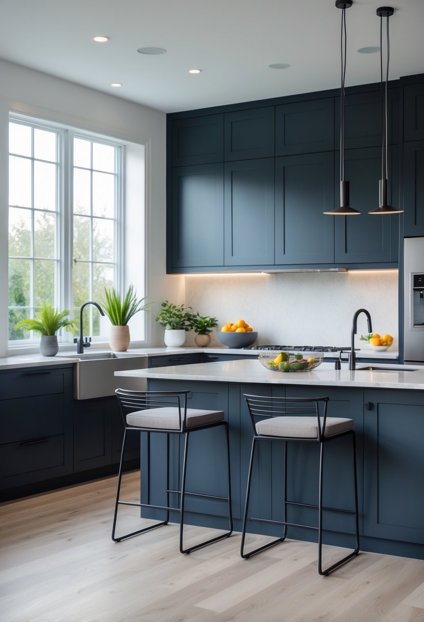 v2 11obin 808gb A modern kitchen with dark blue or charcoal cabinets, a kitchen island, stainless steel appliances, and large windows letting in natural light.