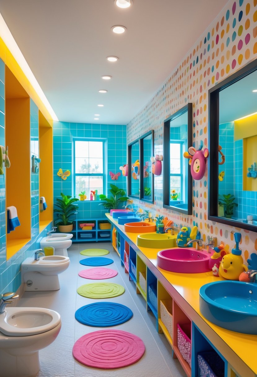 v2 11obmp gpu5n A spacious children's bathroom with multiple sinks, toilets, colorful tiles, and playful decorations designed for use by many kids.