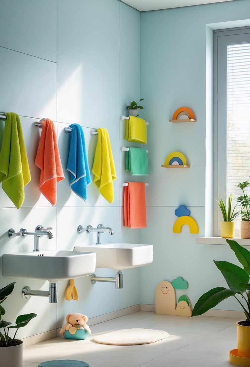 v2 11oboa se0gd Children's bathroom with wall-mounted towel racks installed at child height and colorful towels hanging neatly.