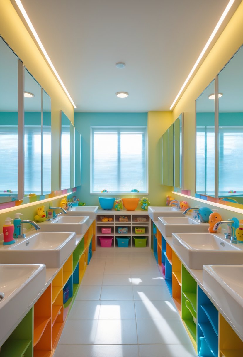 v2 11obpn A brightly lit children's bathroom with 12 vanity stations, each with mirrors and LED lights, colorful decor, and child-friendly sinks.