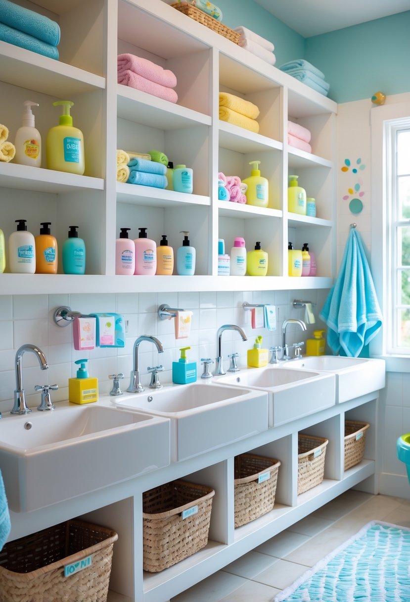 v2 11obq1 72u65 A kids' bathroom with organized shelves holding toiletries like shampoo, soap, toothbrushes, and towels, with multiple sinks and child-friendly fixtures.