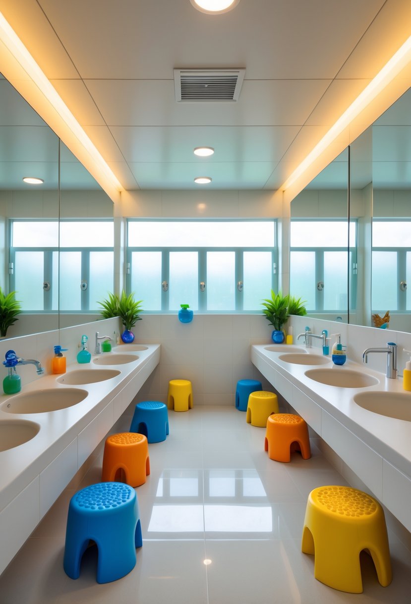 v2 11obqv qiks1 A spacious children's bathroom with multiple sinks, colorful stools, and easy-to-clean tiled surfaces designed for twelve kids.
