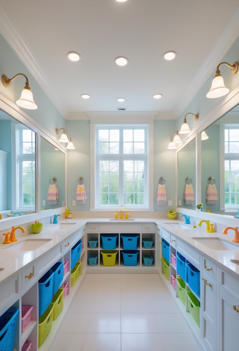 v2 11obra q6zgr A large kids' bathroom with multiple pull-out laundry bins under a long countertop, several child-sized sinks, and bright natural lighting.