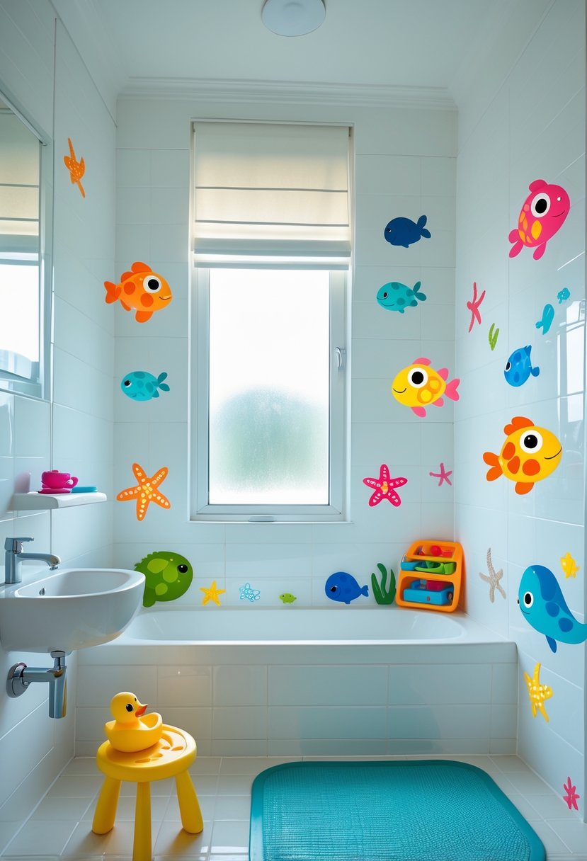 v2 11obro A kids' bathroom with colorful sea creature wall decals, a small bathtub, sink, and bath toys.