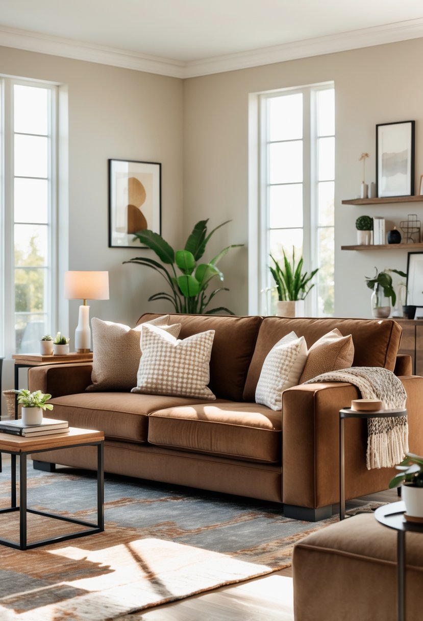 A living room with a large brown couch, coffee table, plants, and wall art.