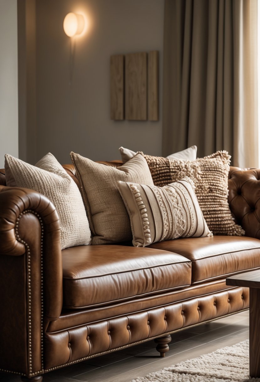 A brown leather sofa with textured pillows in a warmly lit living room.