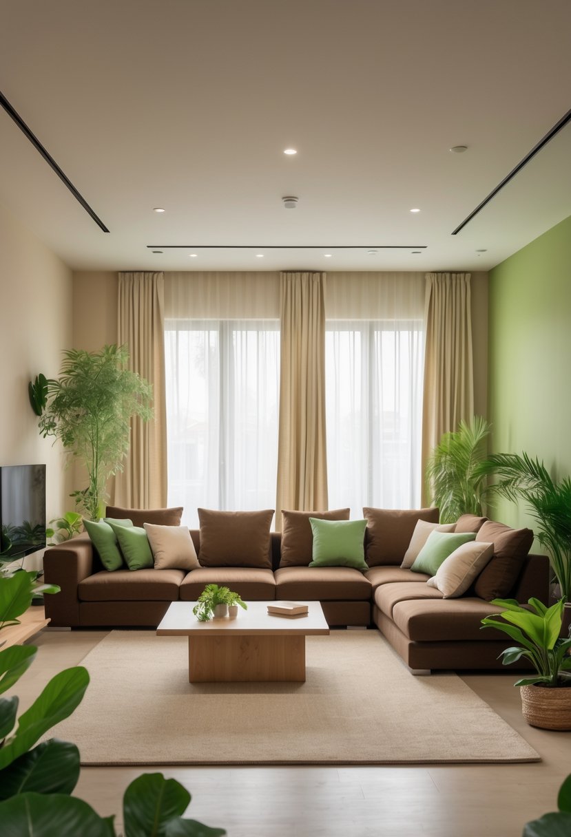A spacious living room with a large brown couch, beige walls, green plants, and natural light coming through windows.