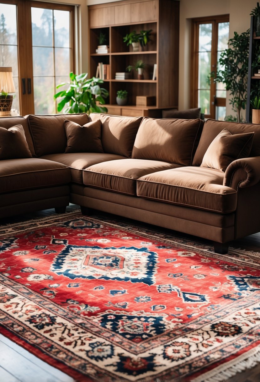 Living room with a brown couch on a red patterned rug, surrounded by shelves and natural light.