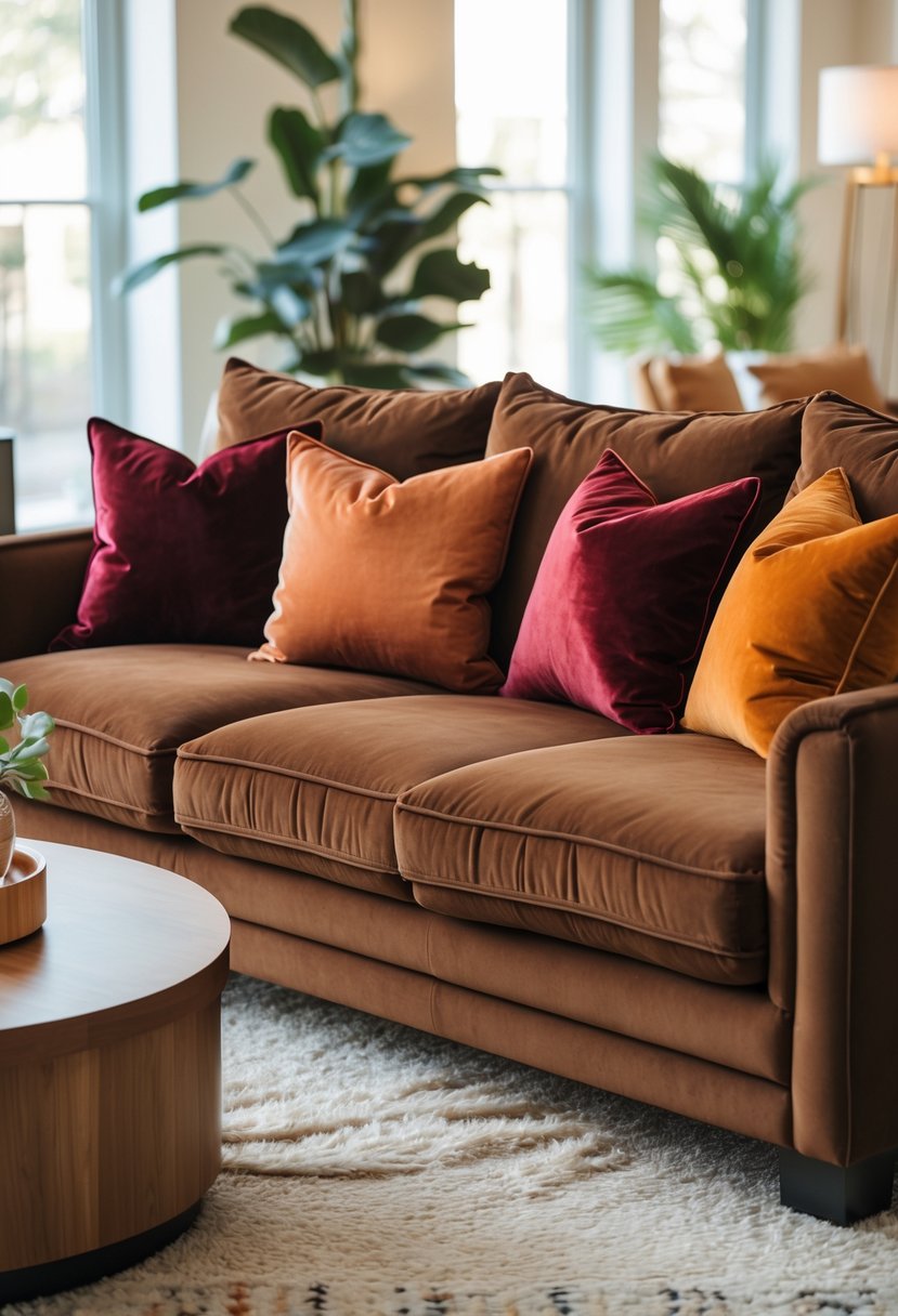 A brown couch in a living room with several warm-colored velvet throw pillows and natural light coming through windows.