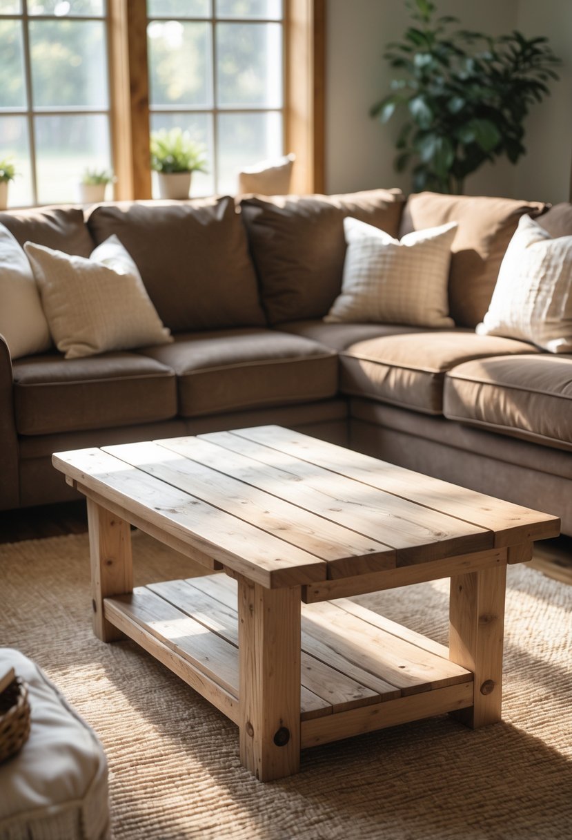 Living room with a brown couch and a wooden coffee table in front of it, lit by natural light.