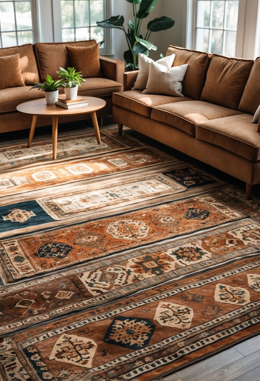 A living room with a brown couch and layered patterned rugs on the floor.