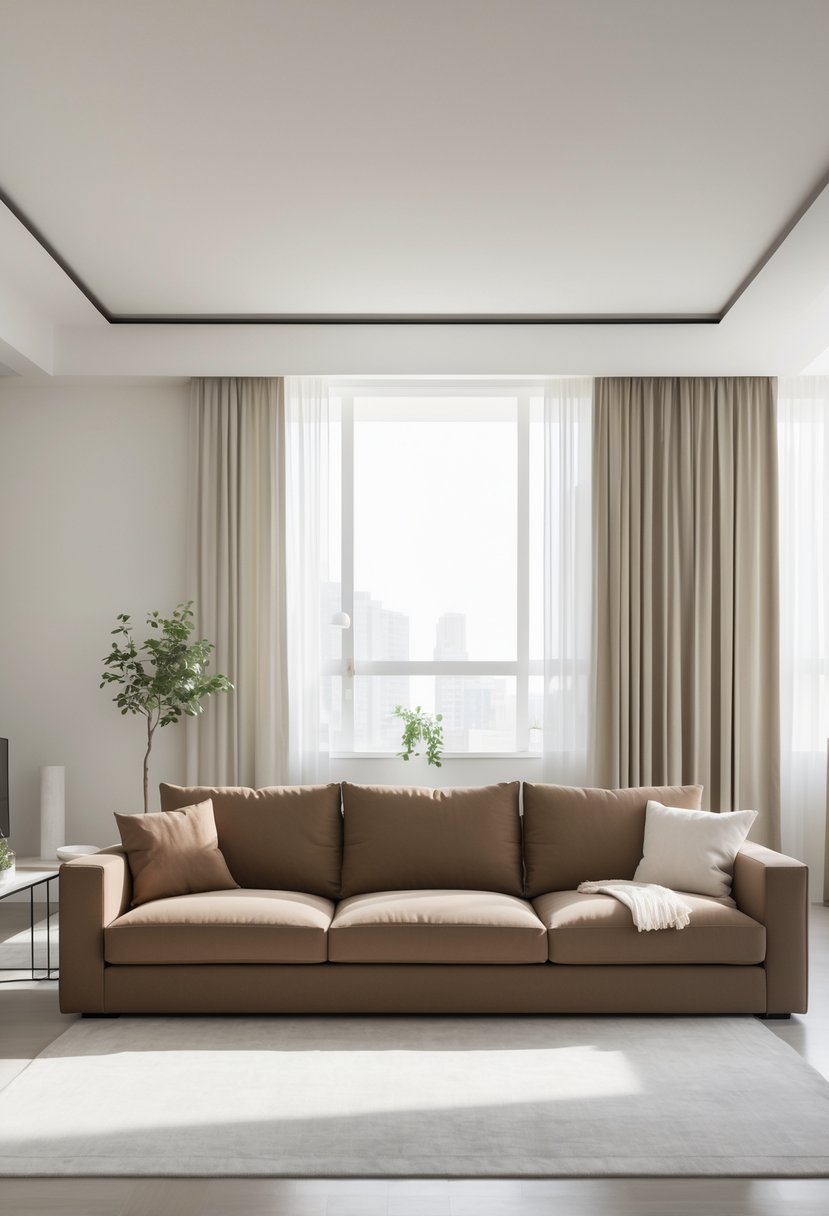 A living room with a brown couch, coffee table, plants, and large windows letting in natural light.