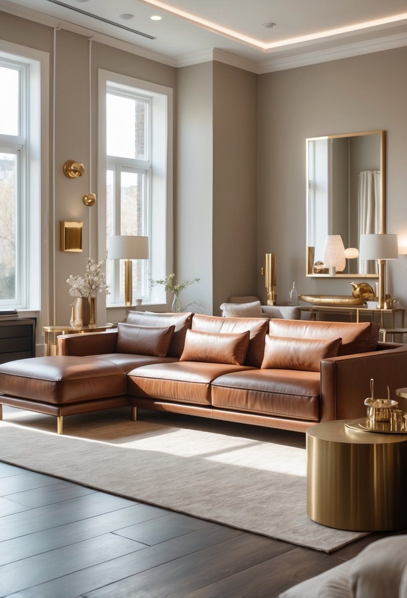 A spacious living room with a large brown leather couch and brass accent furniture under natural light.