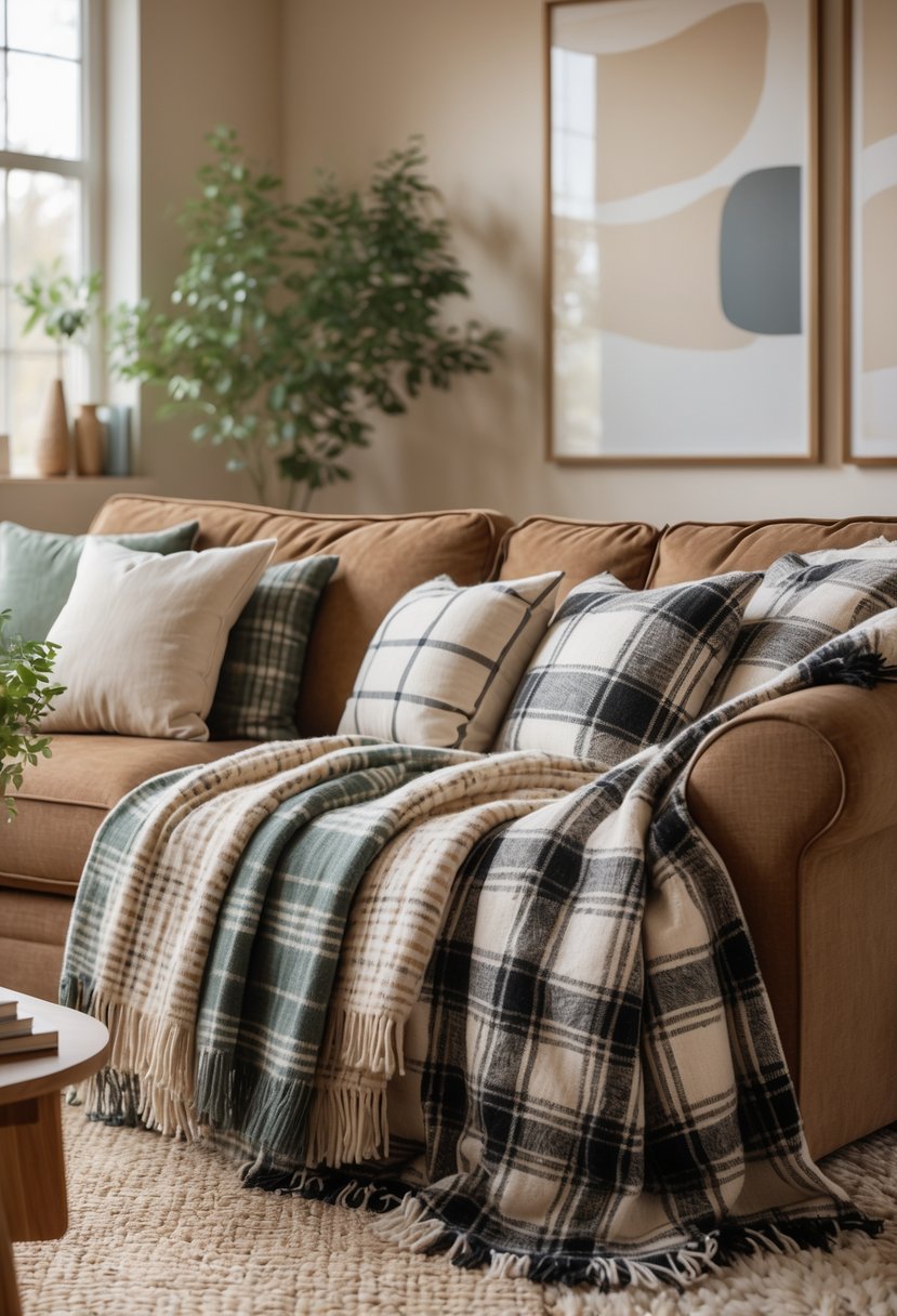 A brown couch in a living room with plaid throw blankets draped over it, surrounded by cushions and a coffee table with plants and books.