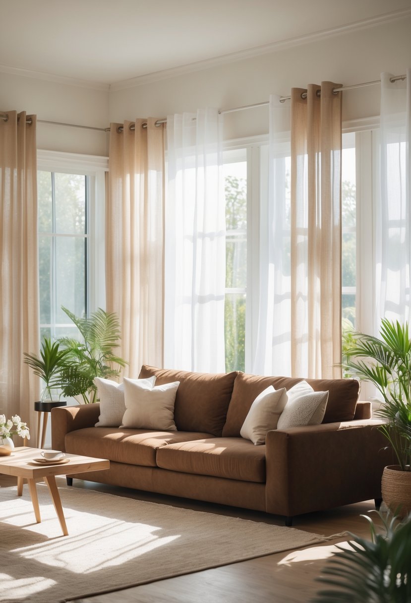 A living room with a brown couch and large windows covered by light-colored curtains letting in natural sunlight.