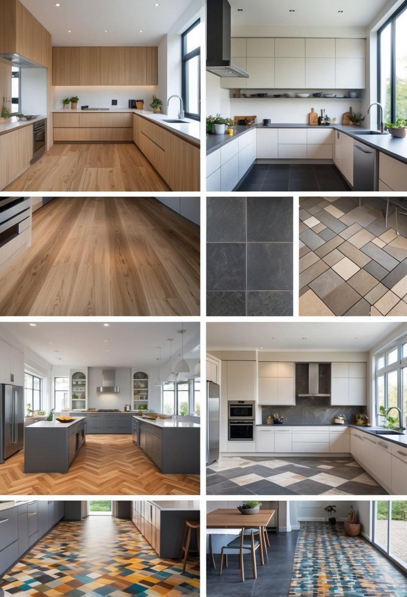 A spacious kitchen area showing twelve different types of flooring materials and designs, including wood, tile, stone, and patterned surfaces.