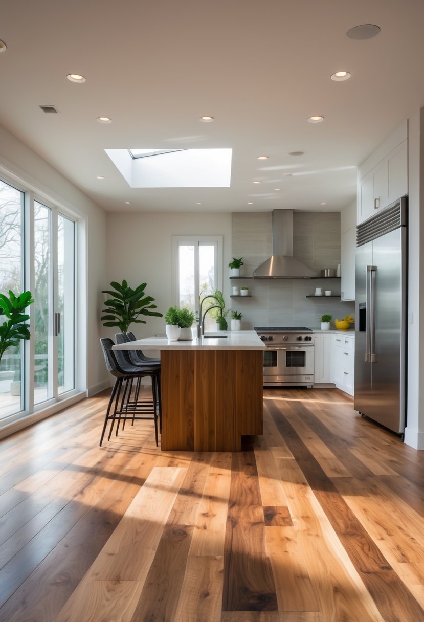 A modern kitchen with hardwood flooring, a central island, and natural light coming through large windows.