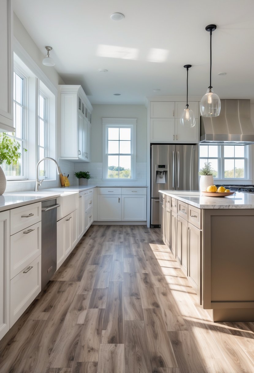 A bright modern kitchen with durable vinyl plank flooring, white cabinets, stainless steel appliances, and a large island.