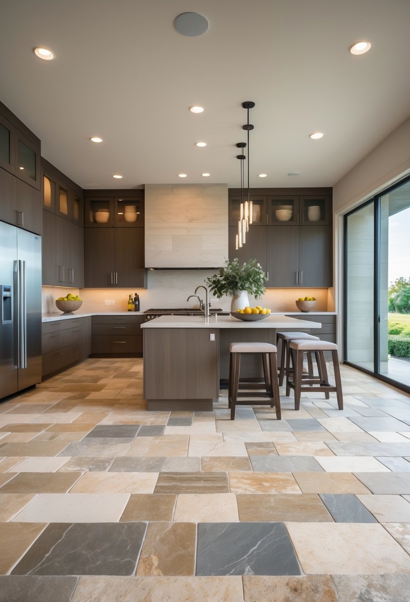 A modern kitchen with natural stone tile flooring, featuring cabinetry, an island, and stainless steel appliances.