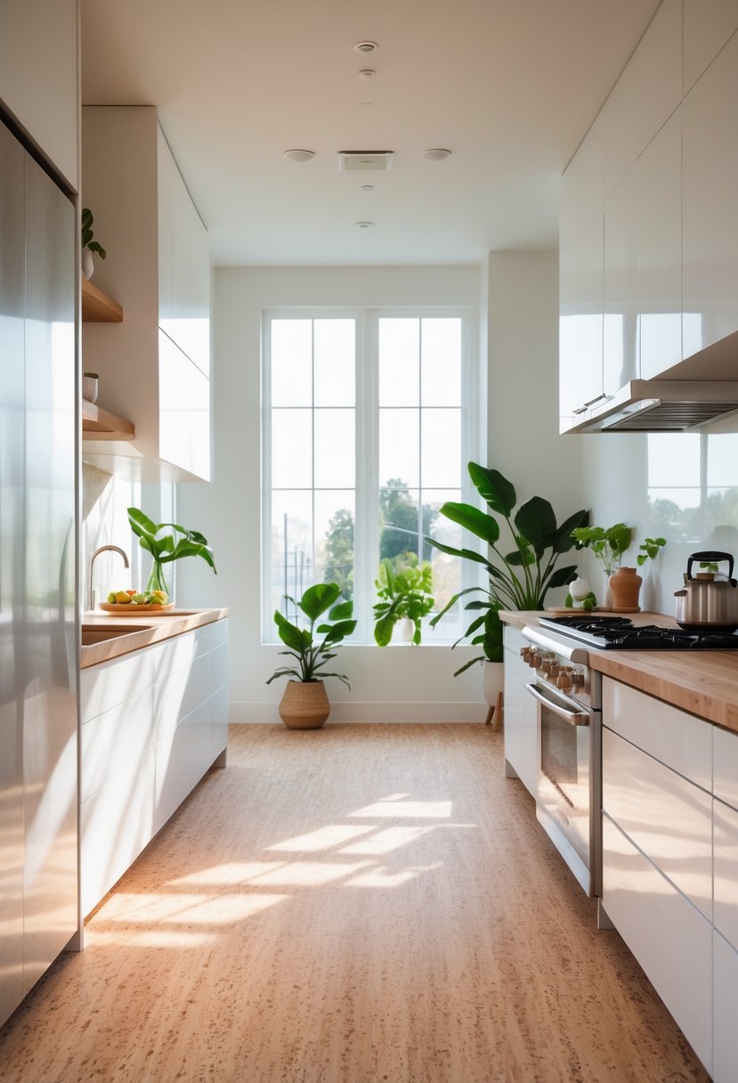 A modern kitchen with white cabinets, a wooden island, and natural cork flooring illuminated by sunlight.