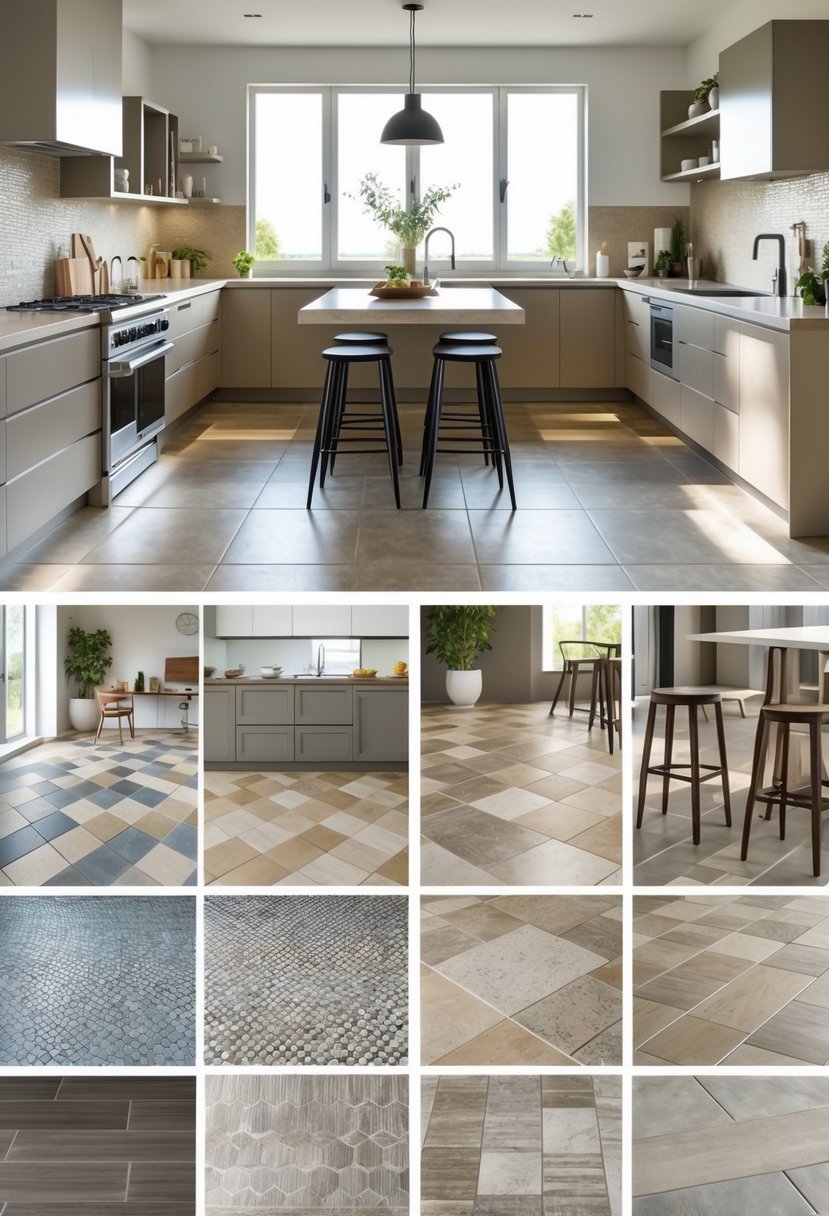 A bright modern kitchen with a variety of textured porcelain tile flooring designs in different colors and patterns.